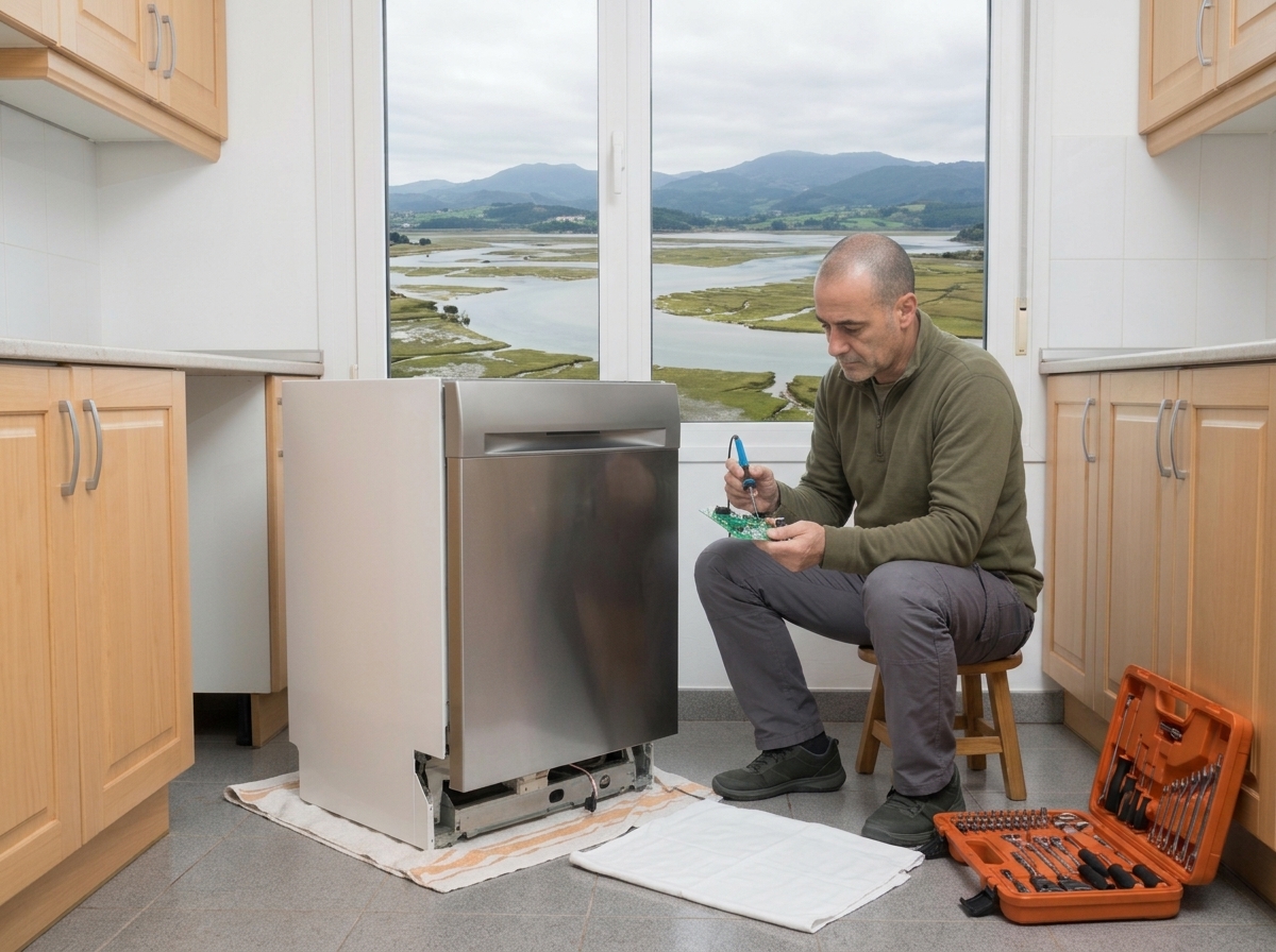 Técnico reparando la placa electrónica de un lavavajillas en un piso de Camargo, Cantabria.