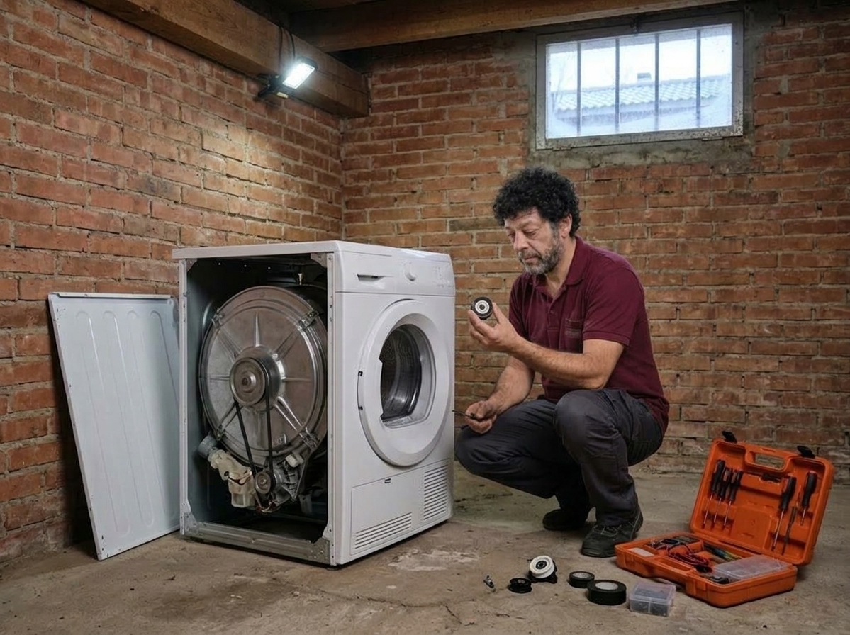 Técnico cambiando el rodillo tensor de una secadora en la bodega de un chalet de Alovera, Guadalajara.