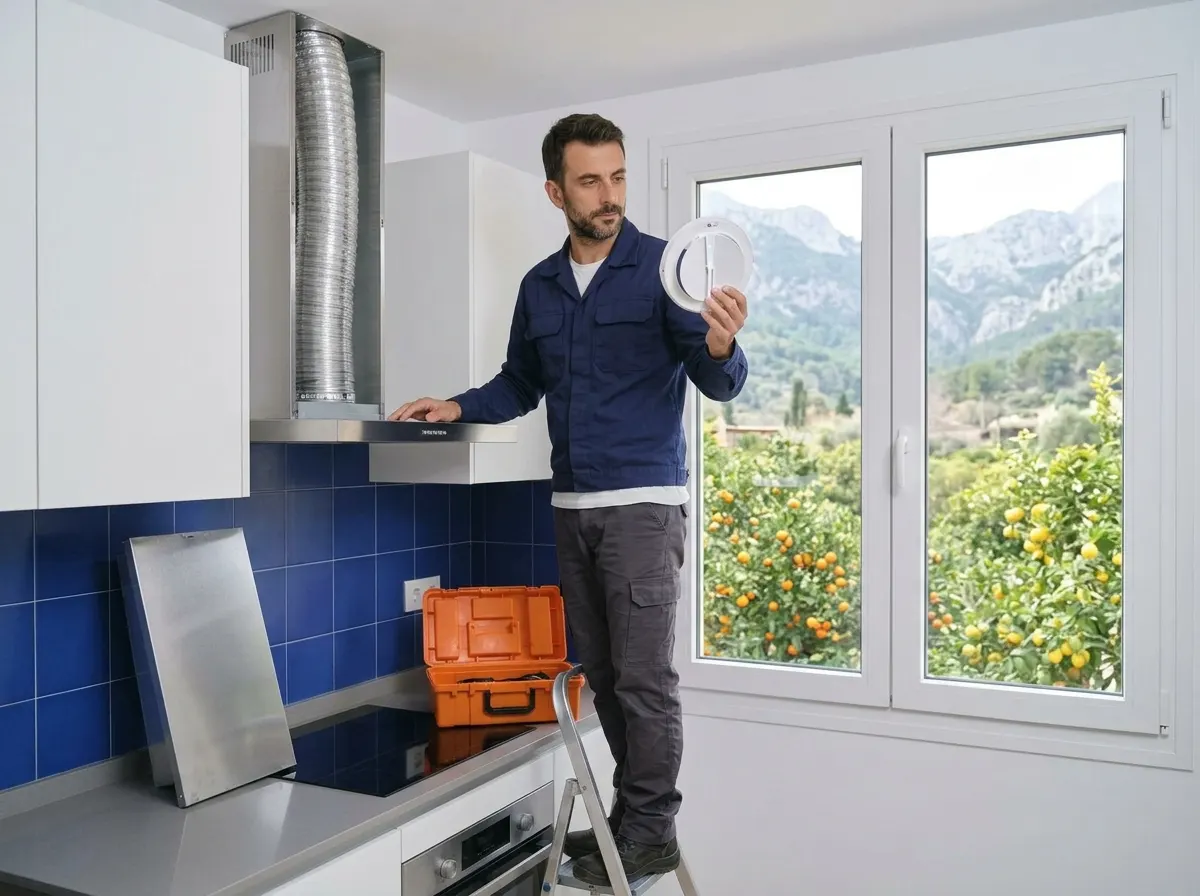 Técnico revisando la válvula antirretorno de una campana extractora en un piso de Sóller.