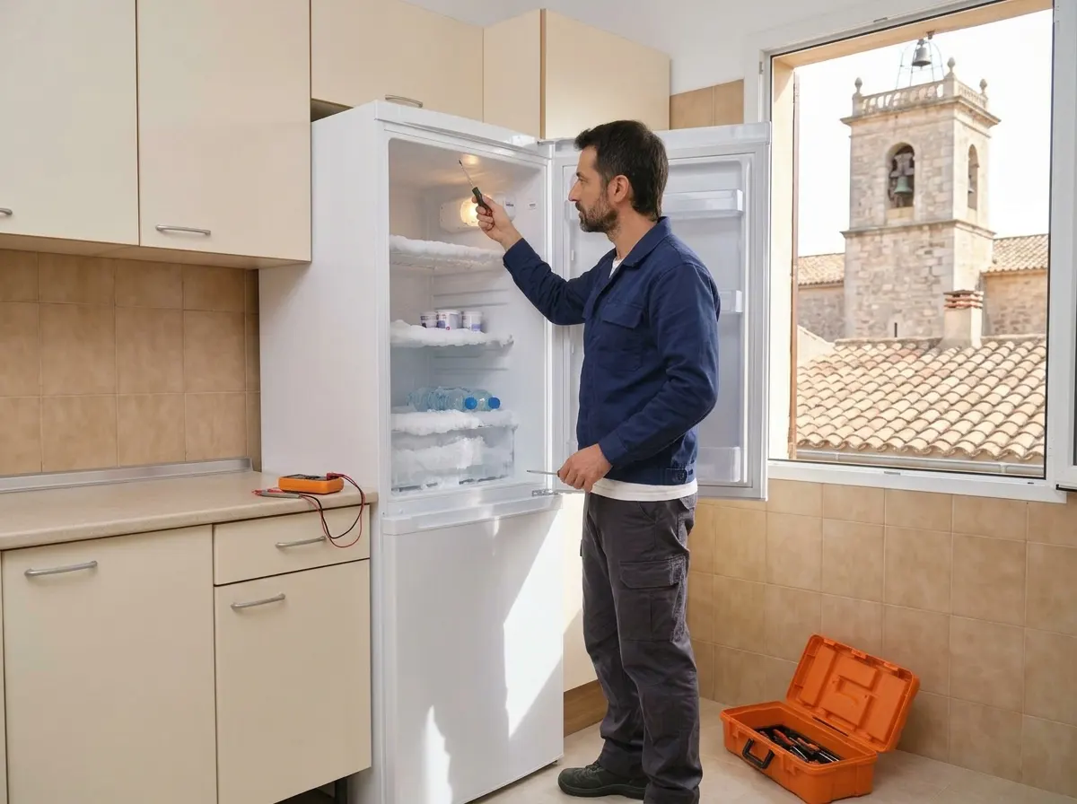 Técnico revisando el termostato de un frigorífico en un piso del centro de Inca.