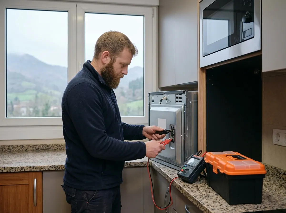 Técnico midiendo el aislamiento de las resistencias de un horno en una cocina de Durango, Vizcaya.