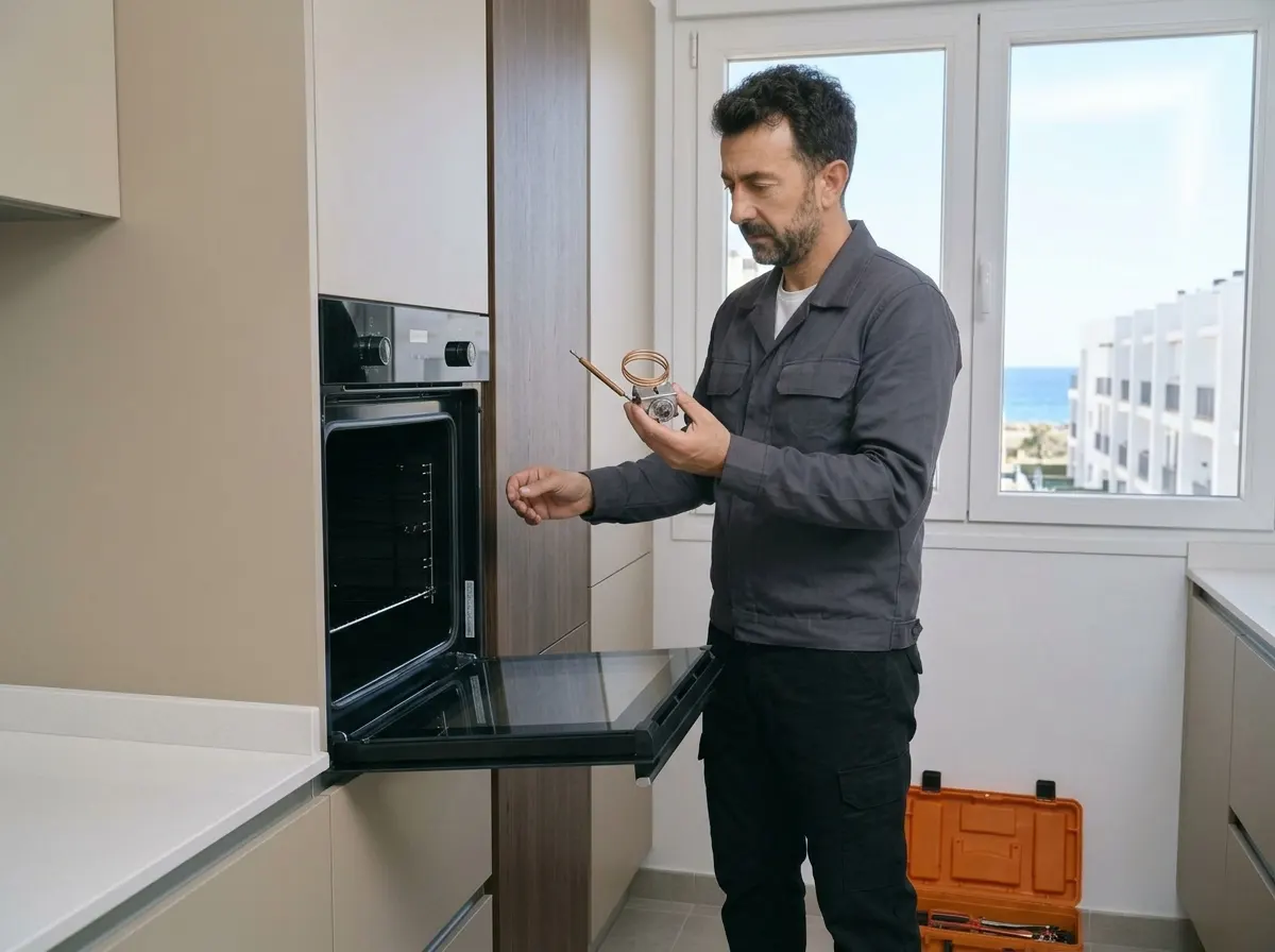 Técnico revisando el termostato de un horno en un apartamento de Roquetas de Mar.