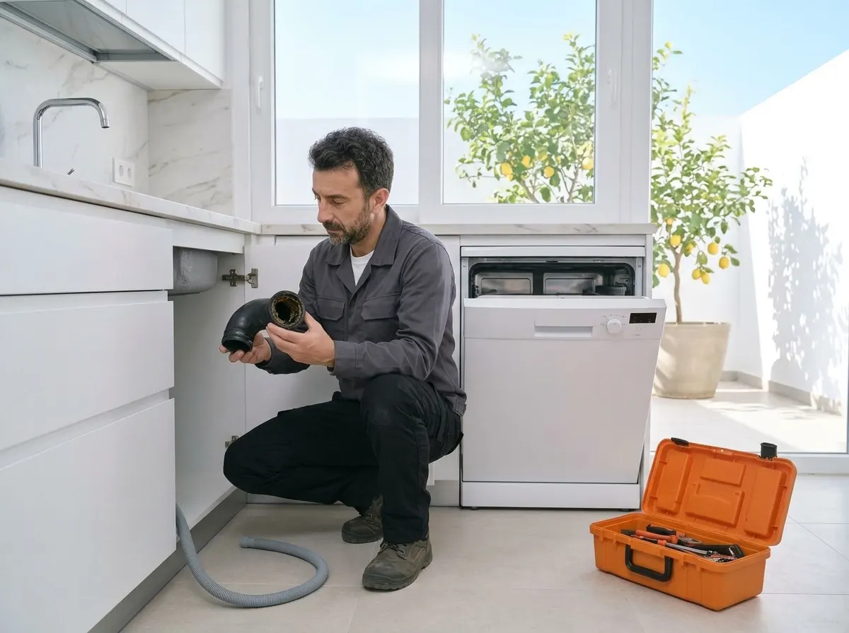 Técnico revisando el desagüe de un lavavajillas en un chalet de Ciudad Jardín, en Almería.