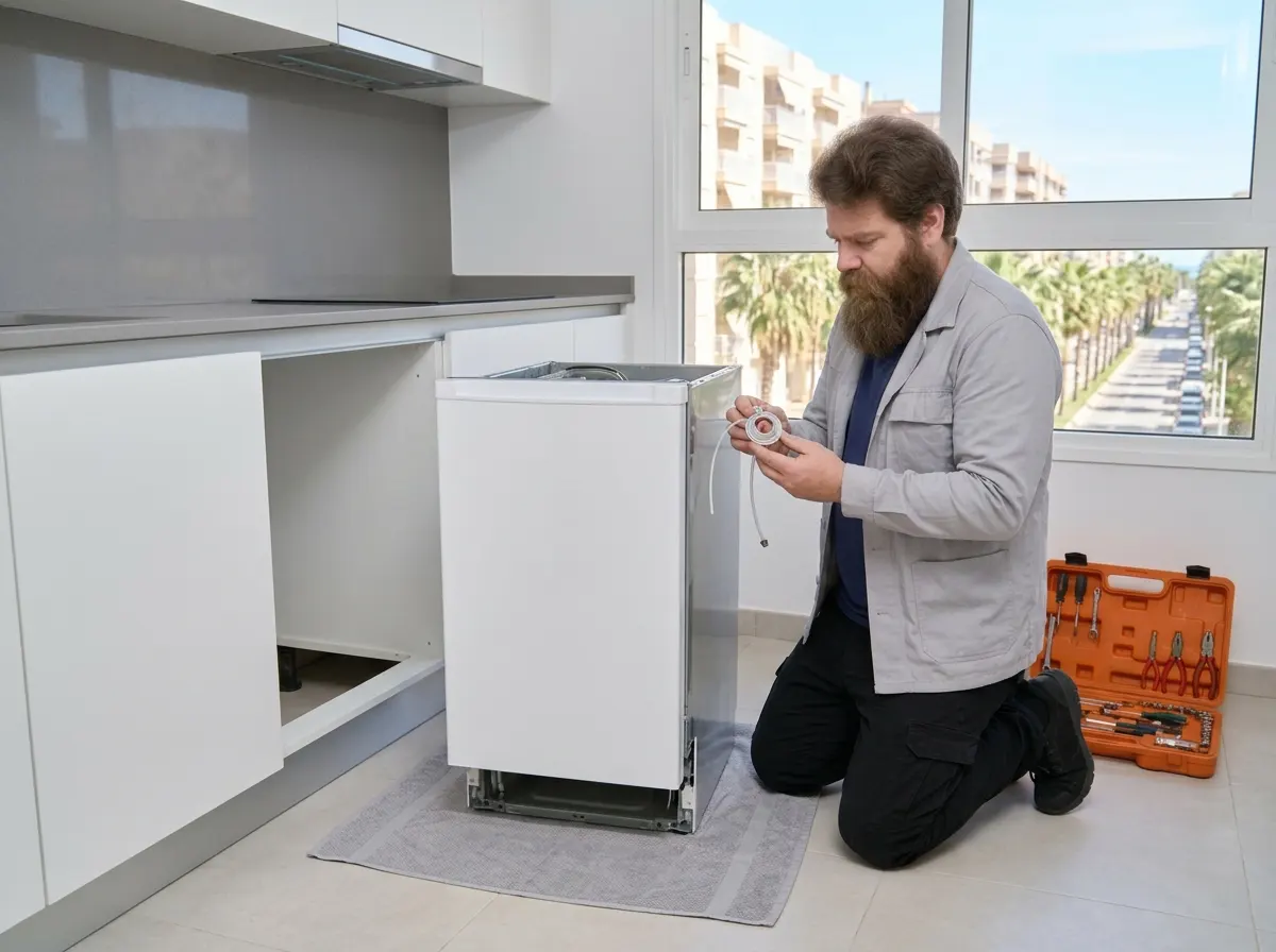 Técnico cambiando el sensor de nivel de agua de un lavavajillas en un piso de Castelló de la Plana.