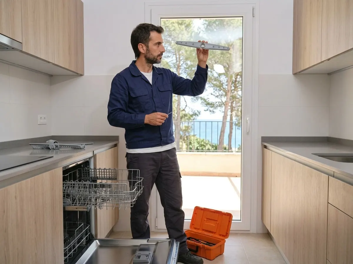 Técnico revisando el brazo aspersor de un lavavajillas en un apartamento de Alcúdia.