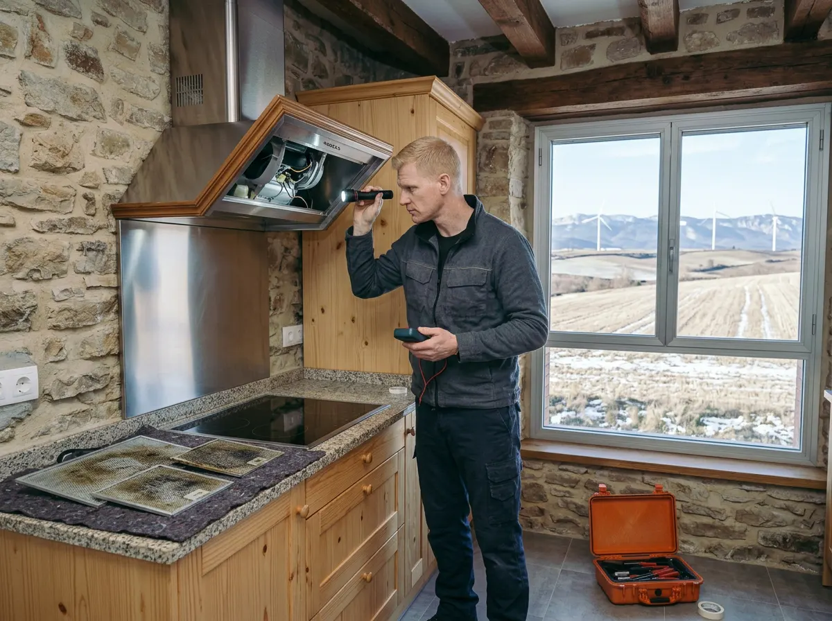 Técnico revisando una campana extractora con los filtros sucios en una casa de Noáin, Navarra.