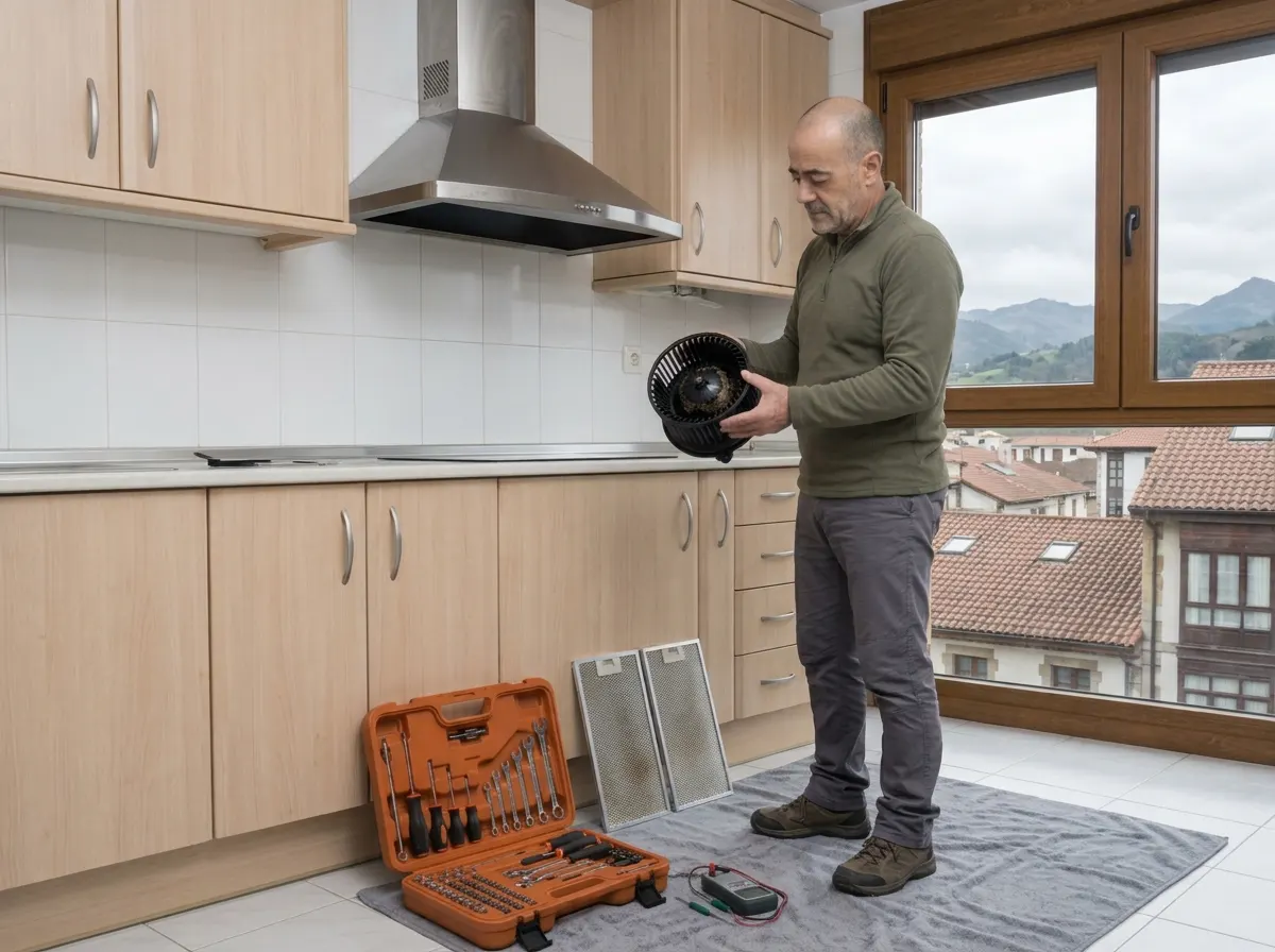 Técnico revisando la turbina de una campana extractora en un piso de Torrelavega, Cantabria.