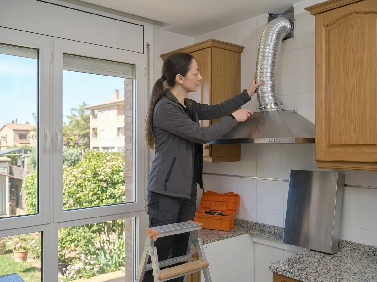 Técnica fijando el tubo de salida de una campana extractora en una cocina de La Jota, Zaragoza.