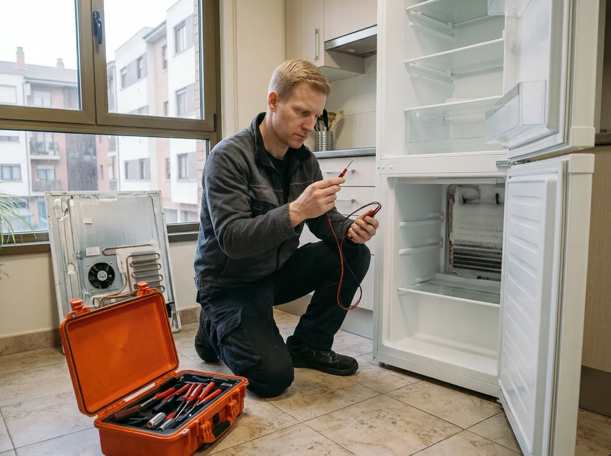 Técnico cambiando la sonda de descongelación de un frigorífico combi en un piso de Barañáin, Navarra.