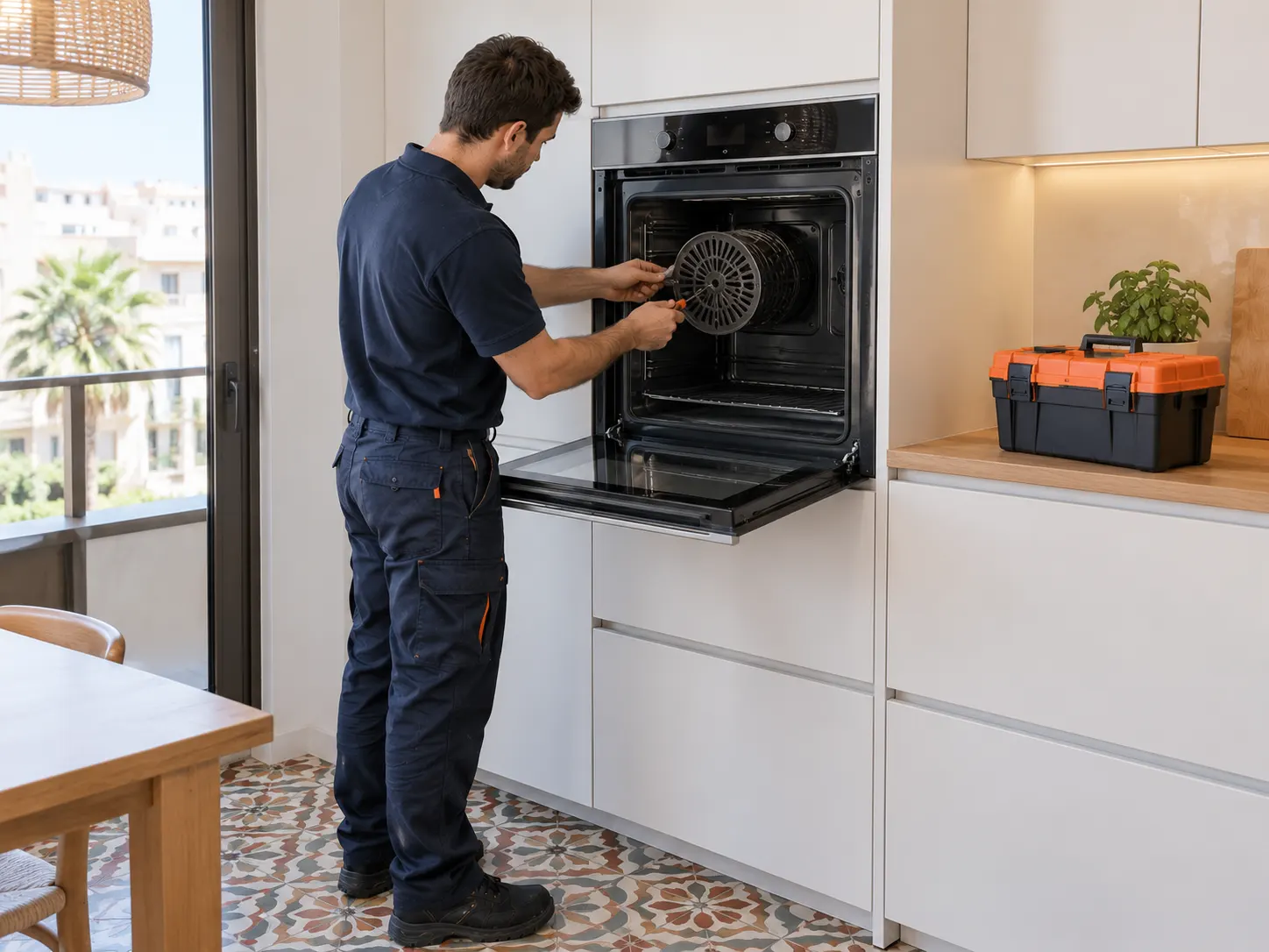 Técnico revisando el ventilador de un horno en una cocina de Valencia.