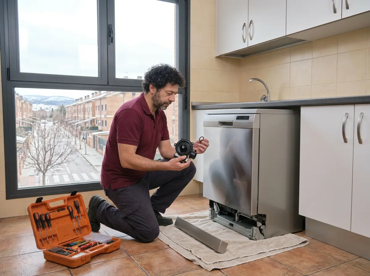 Técnico cambiando la junta de la bomba de desagüe de un lavavajillas en un piso de Azuqueca de Henares.