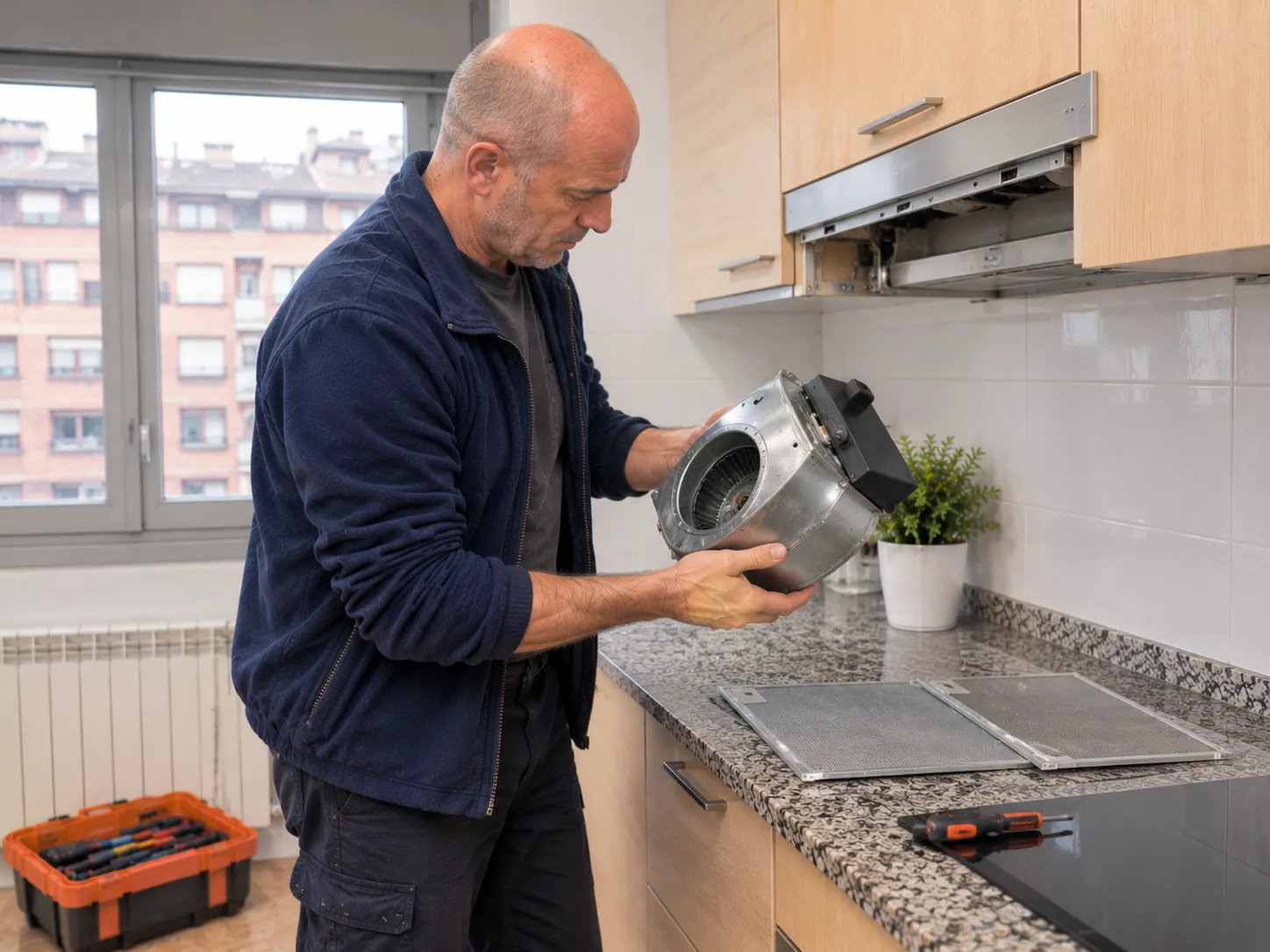 Técnico cambiando el motor de una campana extractora en un piso de San Lázaro, Oviedo.