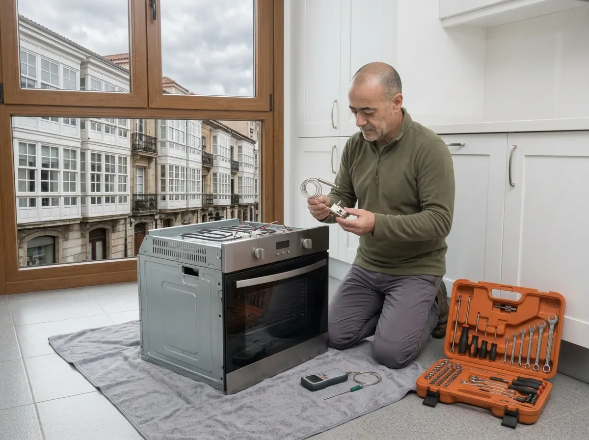 Técnico cambiando el termostato de un horno en un piso de Cuatro Caminos, Santander.