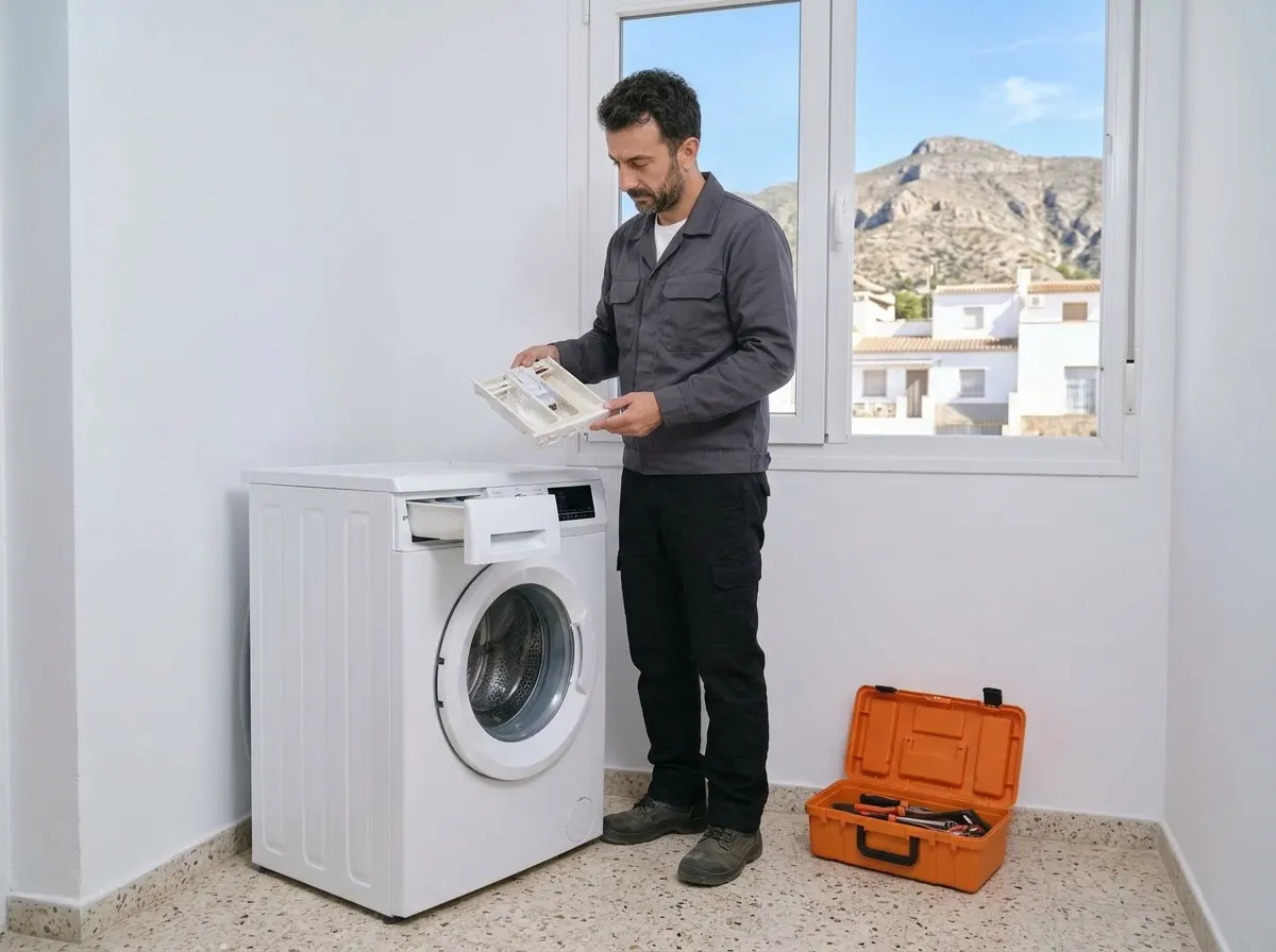 Técnico revisando el cajetín del detergente de una lavadora en una casa de Huércal de Almería.