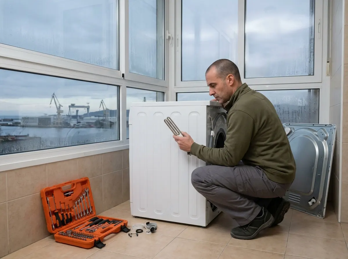 Técnico cambiando la resistencia de una lavadora en un piso de El Astillero, Cantabria.