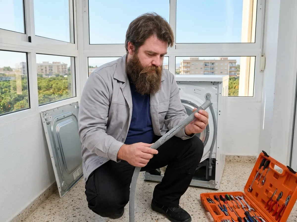 Técnico cambiando el manguito del cajetín de una lavadora en un piso de Almassora, Castellón.