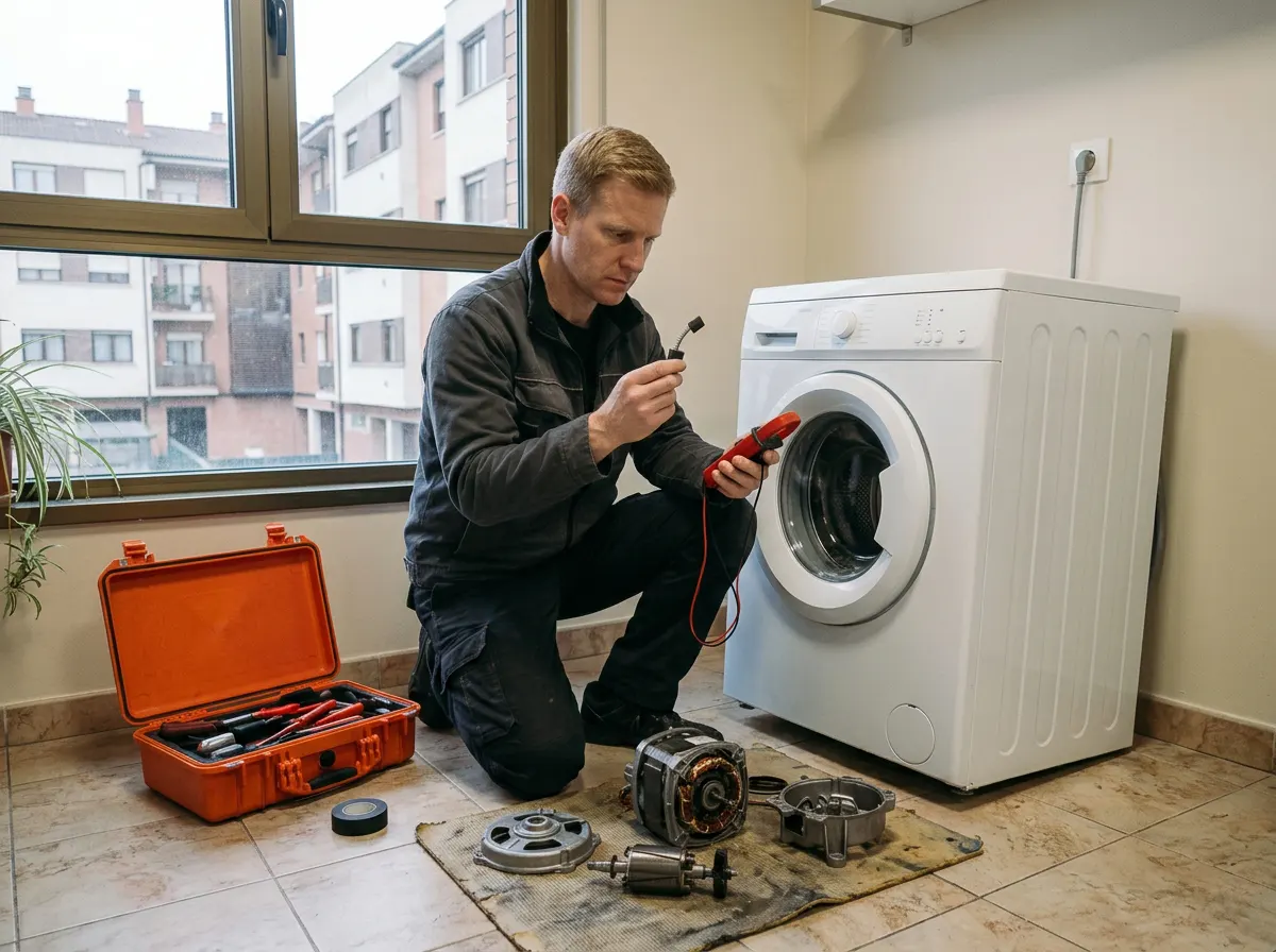 Técnico cambiando las escobillas del motor de una lavadora en un piso de Mendillorri, Pamplona.