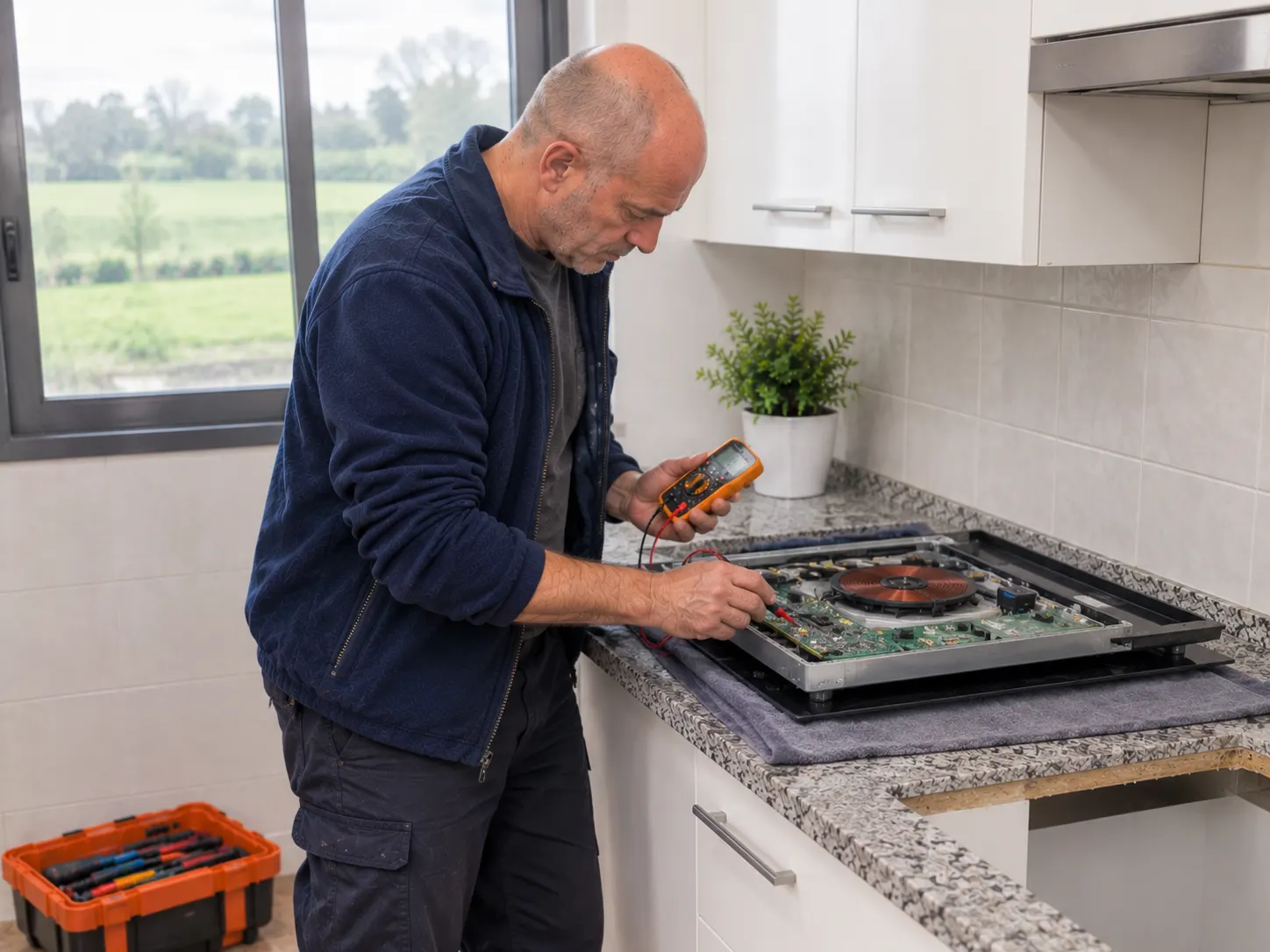 Técnico reparando la electrónica de una placa de inducción en una cocina de La Fresneda, Siero.