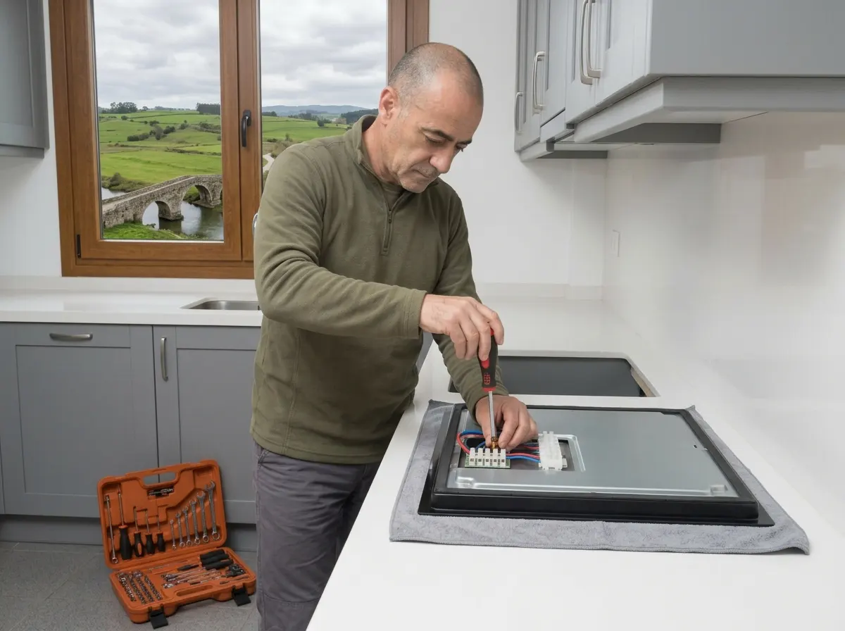 Técnico apretando la conexión eléctrica de una placa de inducción en un piso de Piélagos, Cantabria.