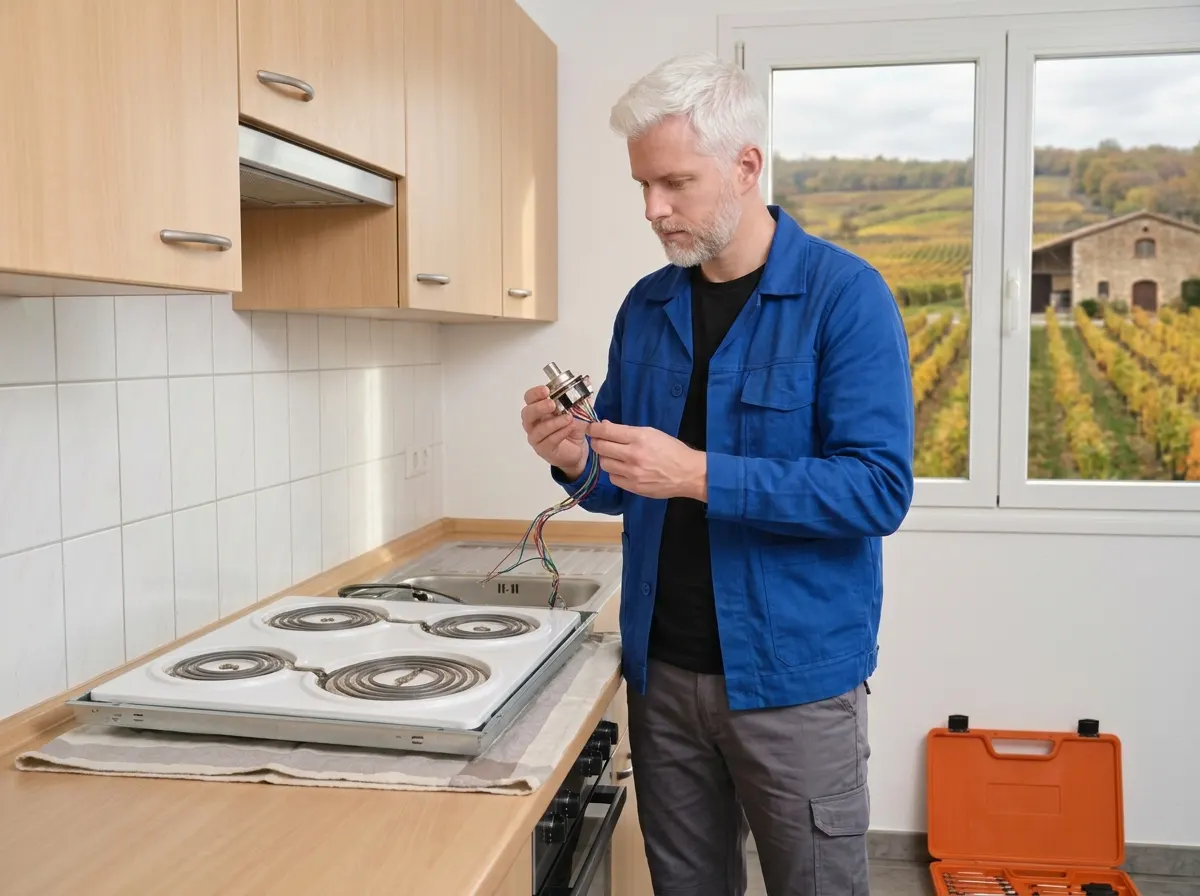 Técnico cambiando el regulador del fuego doble de una vitrocerámica en un piso de Fuenmayor, La Rioja.