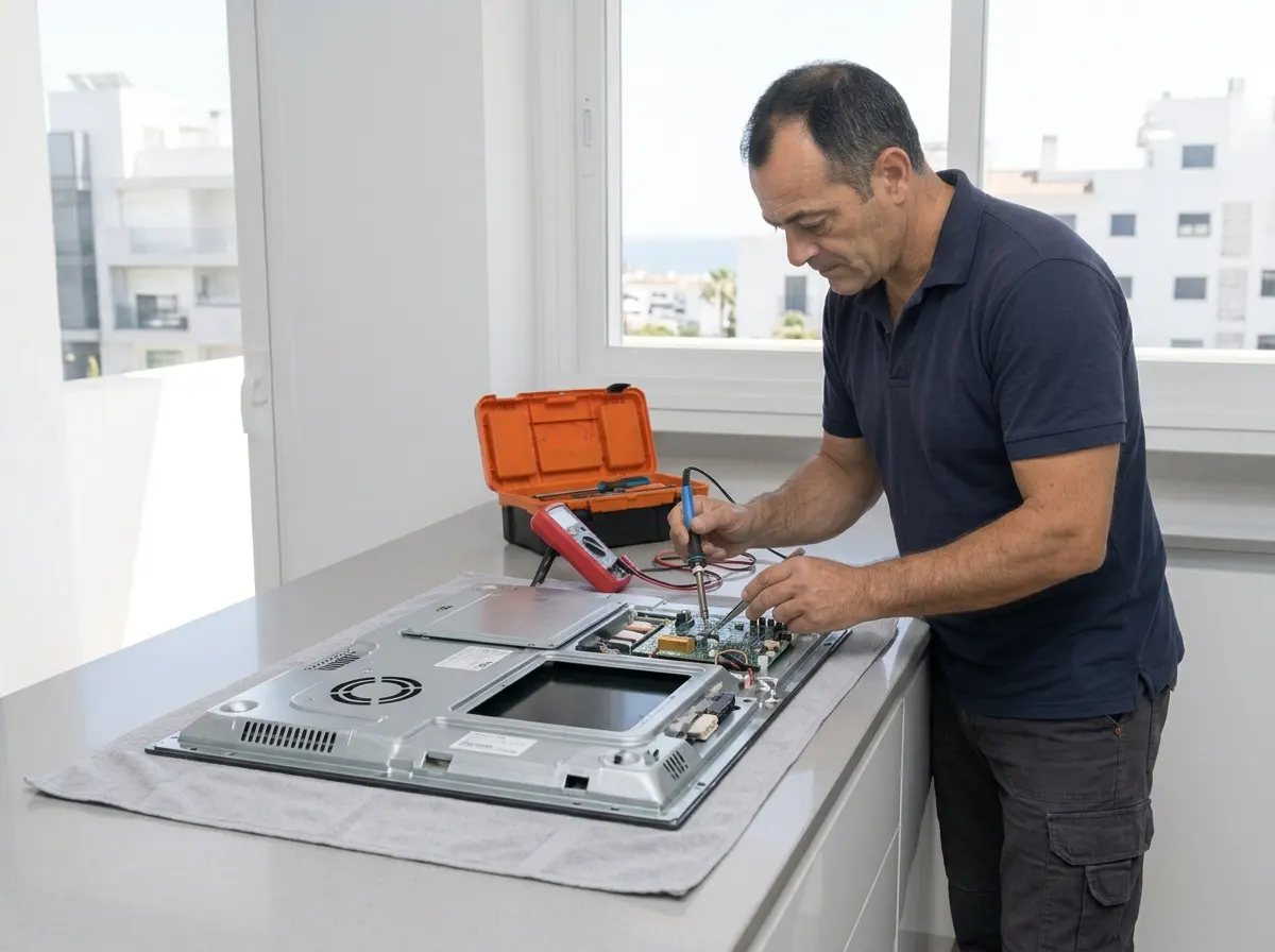 Técnico reparando el módulo de potencia de una placa de inducción en Mijas Costa, Málaga.