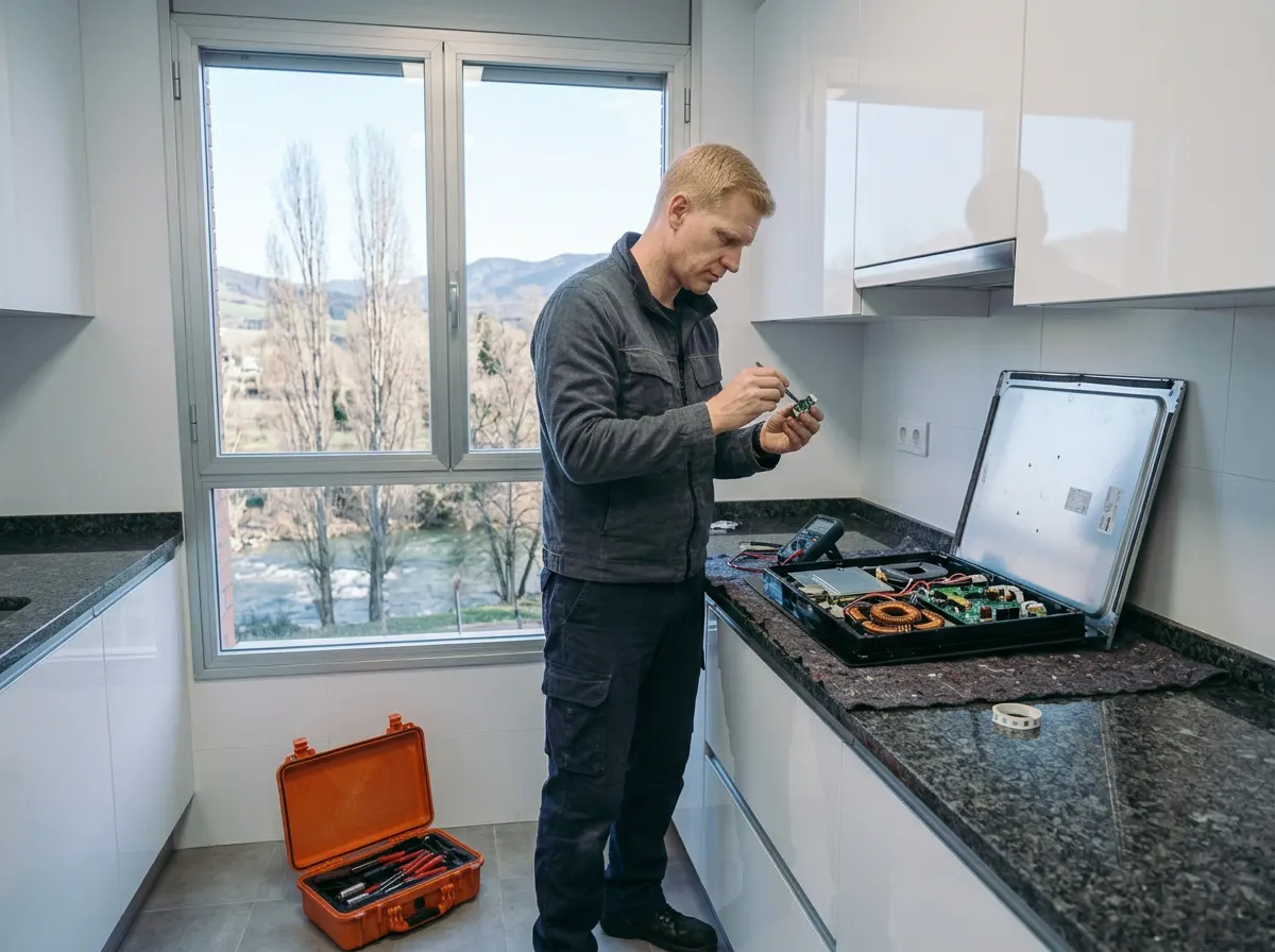 Técnico reparando la electrónica de una placa de inducción en una casa de Huarte, Navarra.