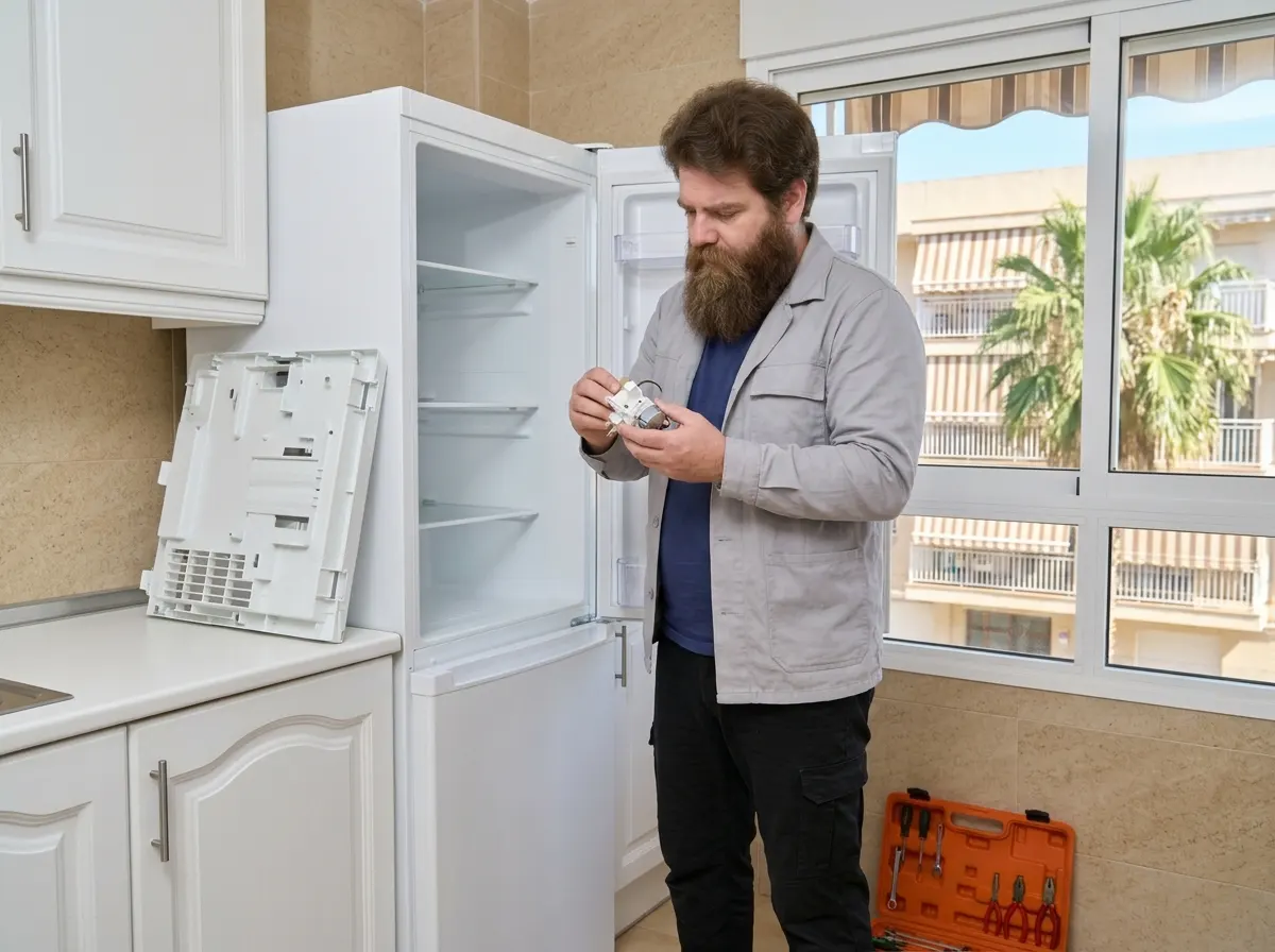 Técnico cambiando la compuerta de aire de un frigorífico combi en un piso de Borriana, Castellón.