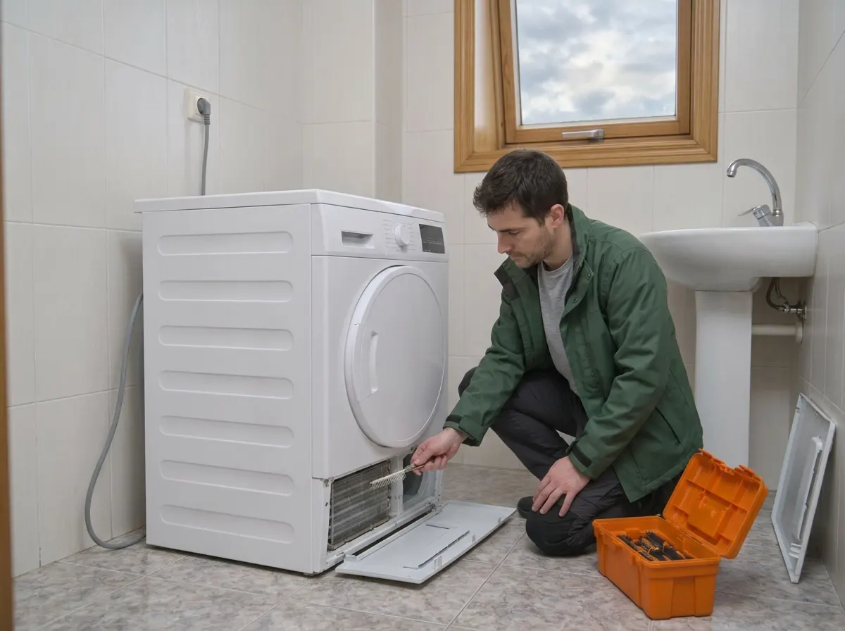 Técnico limpiando el evaporador de una secadora en un cuarto de pilas de Culleredo, A Coruña.