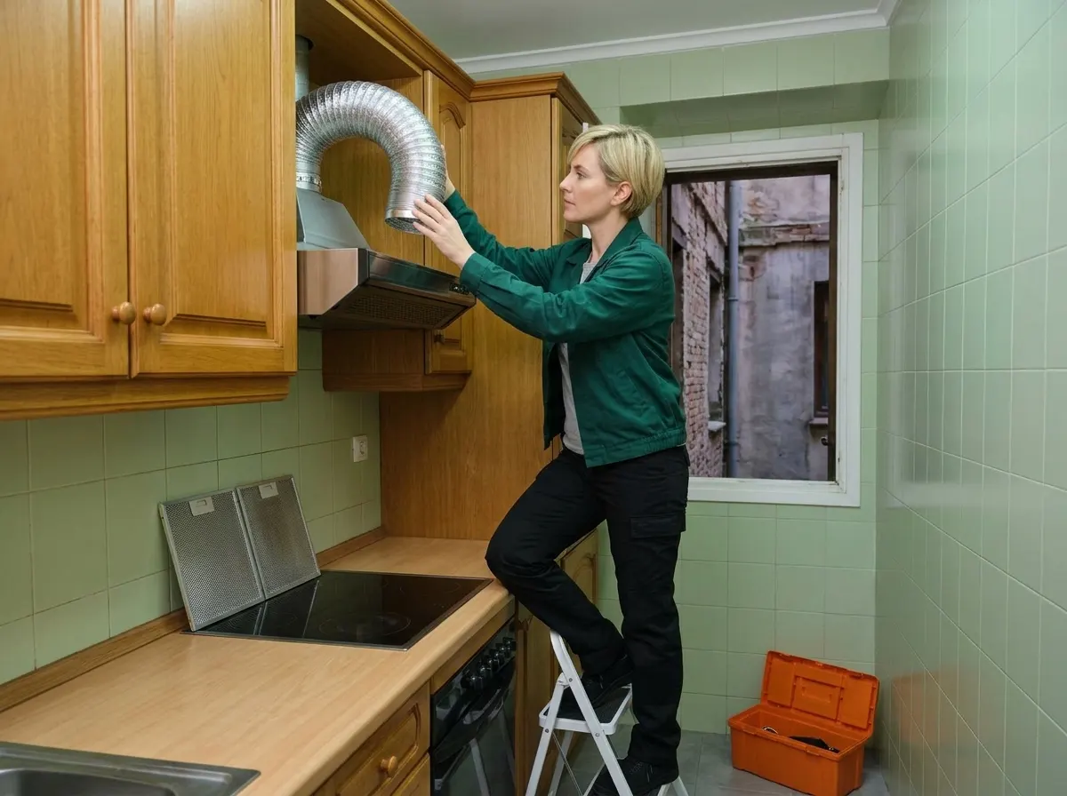 Técnica revisando la salida de humos de una campana en un piso con patio interior.