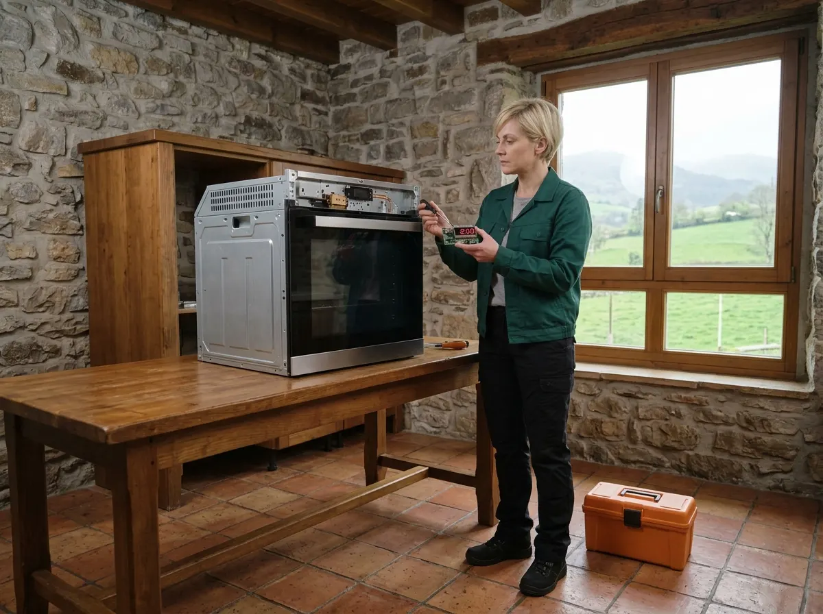 Técnica revisando el reloj de un horno en la cocina de un caserío de Tolosa.