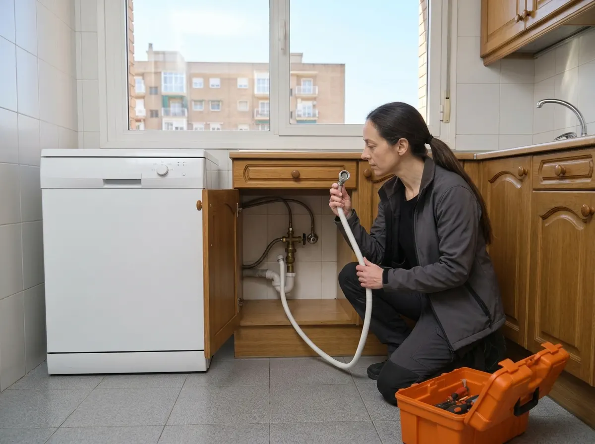 Técnica limpiando el filtro de entrada de agua de un lavavajillas en una cocina del Actur, Zaragoza.