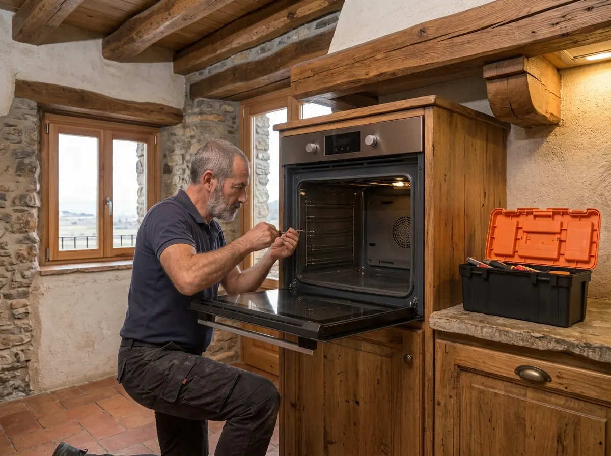 Técnico revisando la bisagra de la puerta de un horno en una casa de pueblo de Lleida.