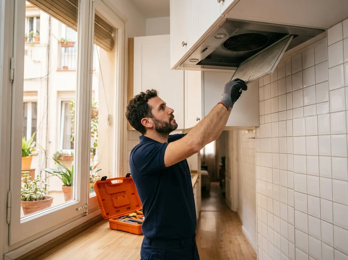 Técnico desmontando el filtro de una campana extractora en una cocina de Barcelona.