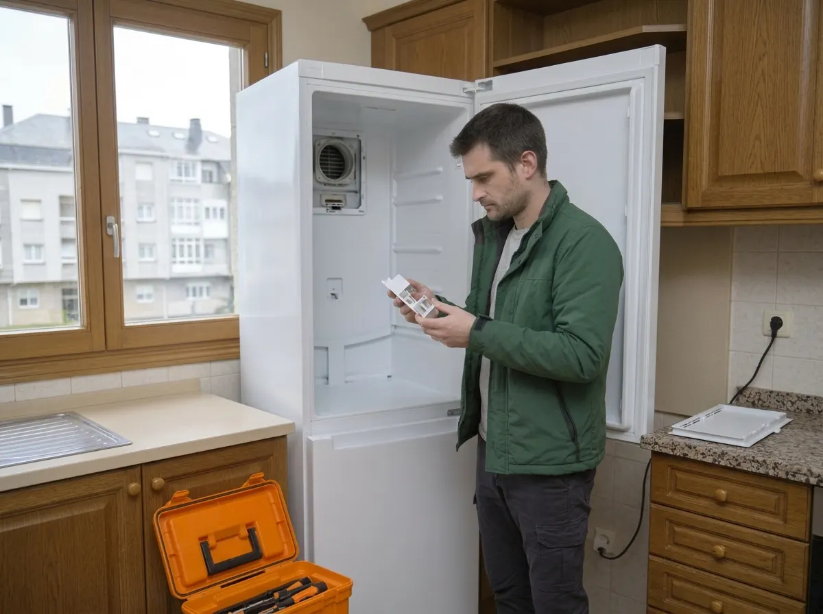 Técnico revisando la compuerta de aire de un frigorífico combi en un piso de Os Mallos, A Coruña.