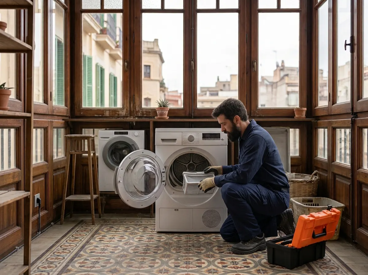 Técnico sacando el filtro de pelusas de una secadora en una galería de Barcelona.