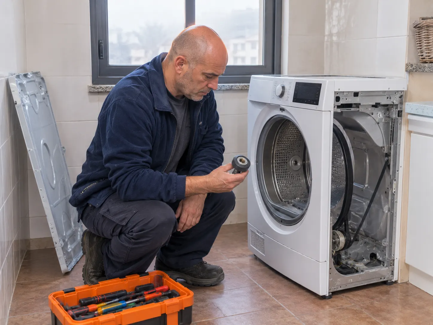 Técnico revisando el rodillo tensor de una secadora en un piso de Ciudad Naranco, Oviedo.