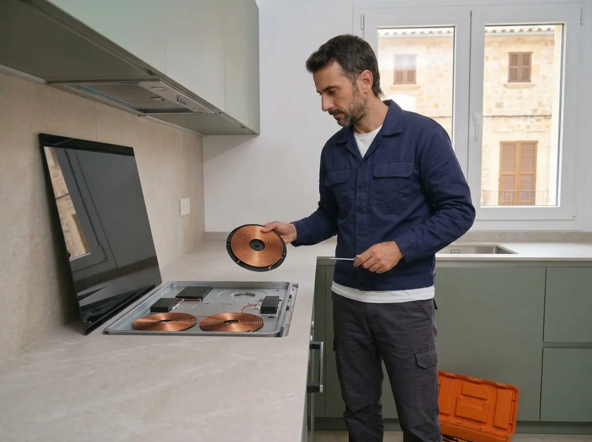 Técnico revisando la bobina de una placa de inducción en un piso de Manacor.